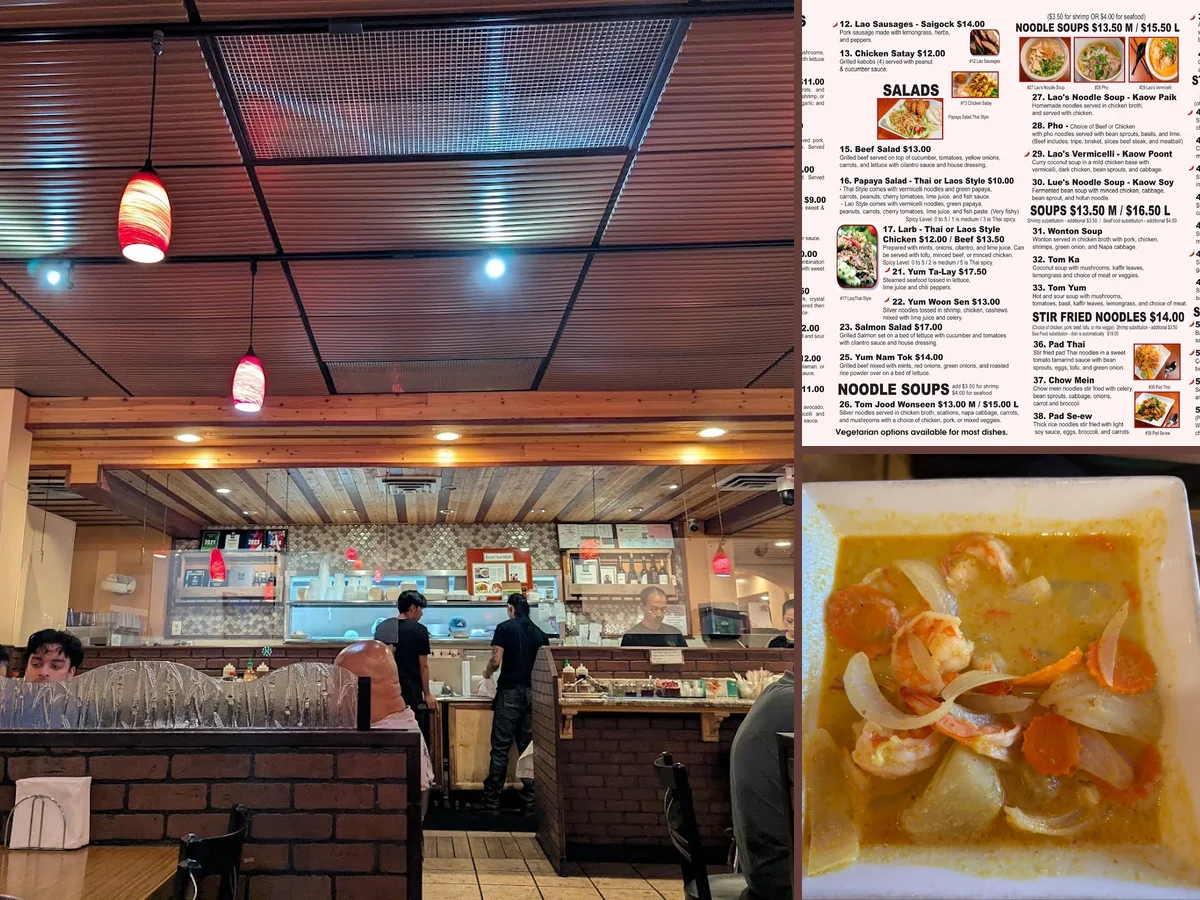 Casual Thai restaurant interior with table service.