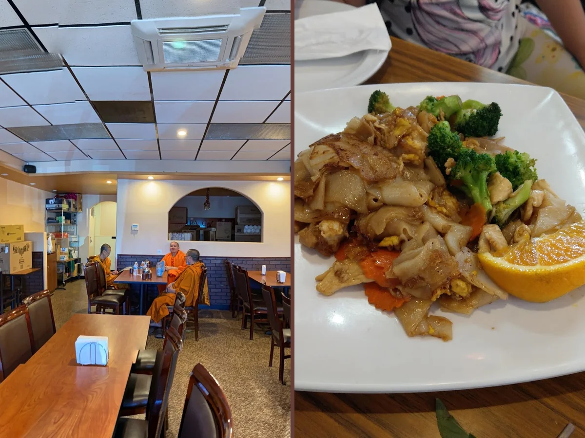Restaurant seating arranged for lunch and dinner.
